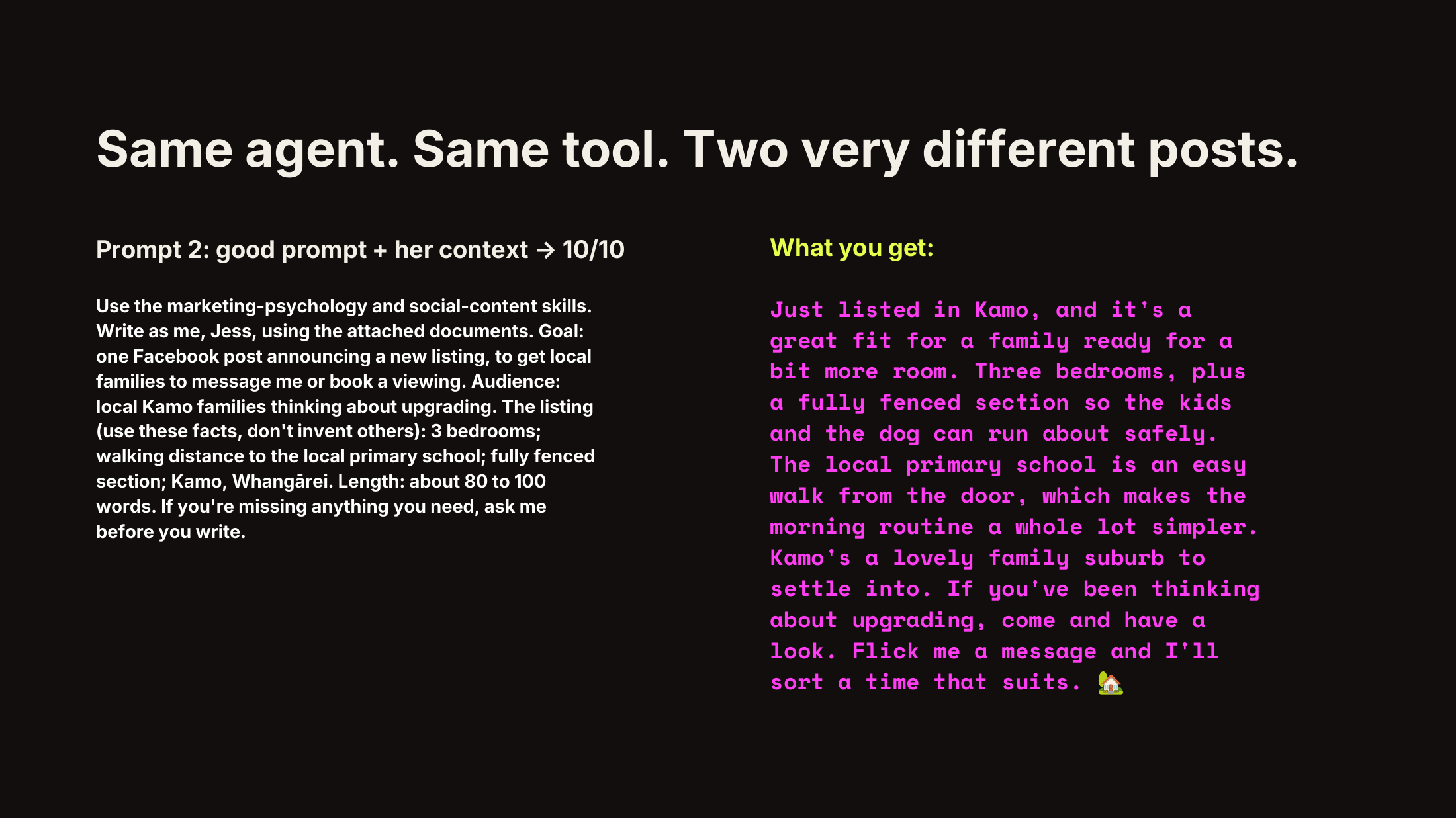 Slide 22: Prompt 2: a good prompt + context → 10/10